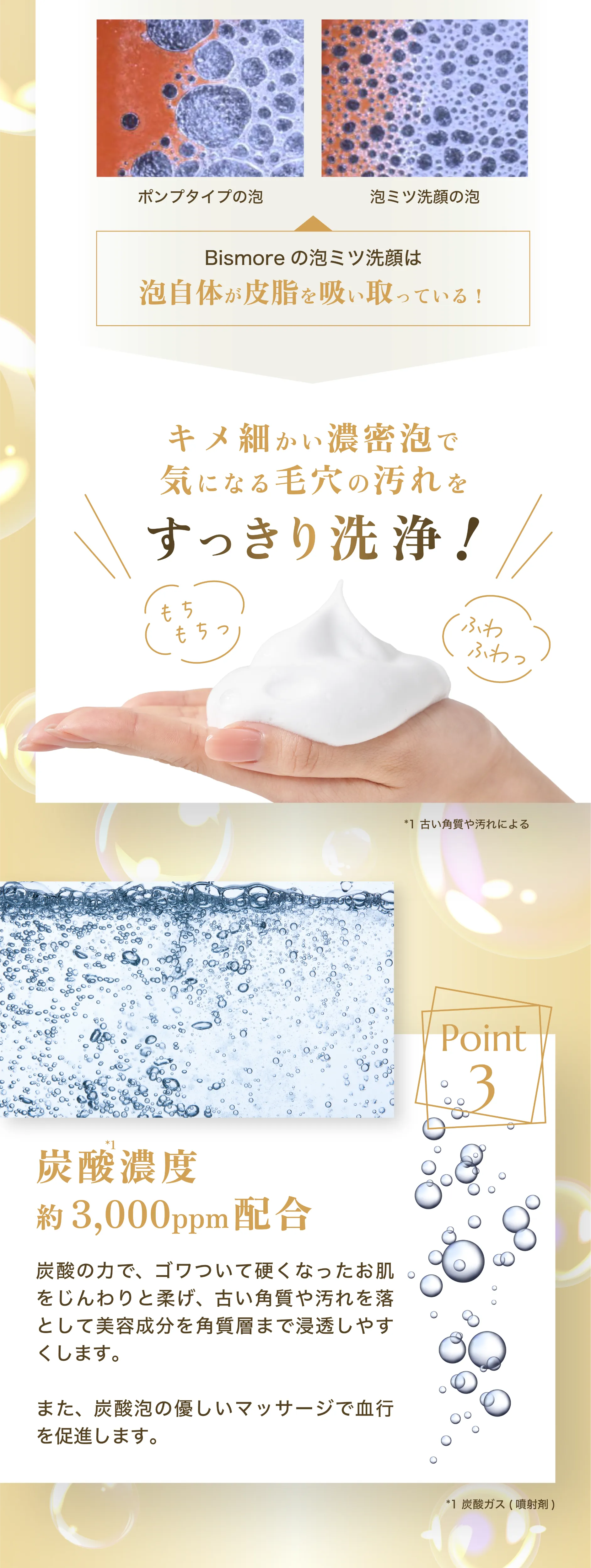 はちみつ由来の保湿成分を贅沢に配合・キメ細かい濃密泡が余分な汚れや皮脂を吸着・炭酸濃度約3,000ppm配合